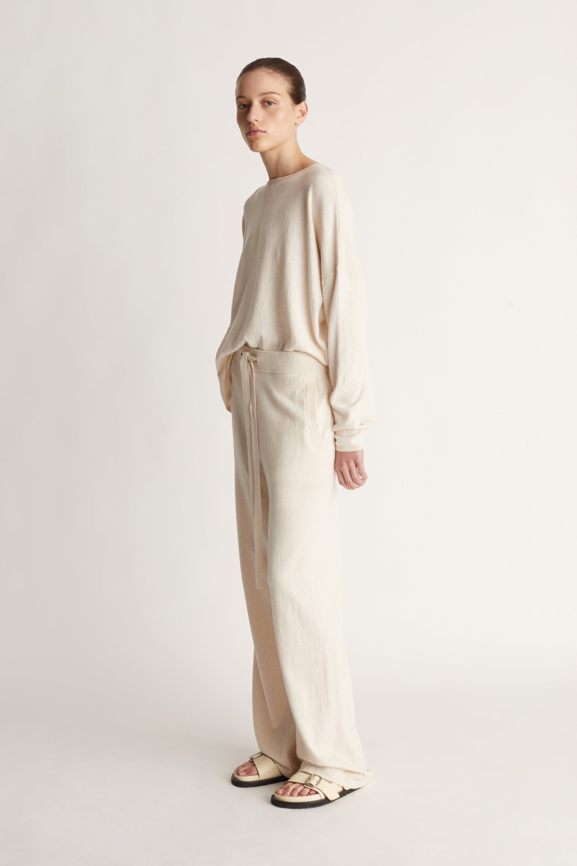 Cotton Cashmere Wide Leg Pant in Oat