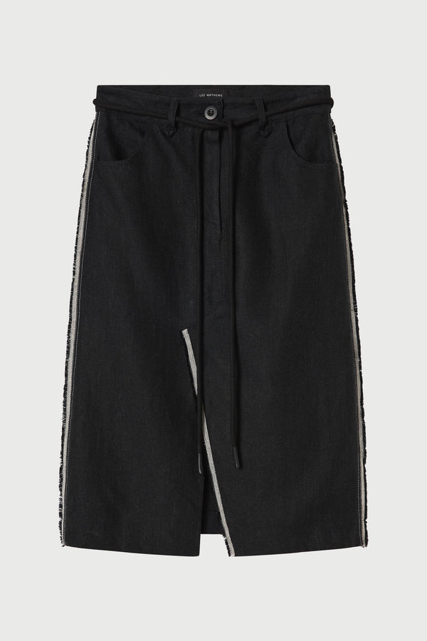 Black skirt with white stripes on a light gray background