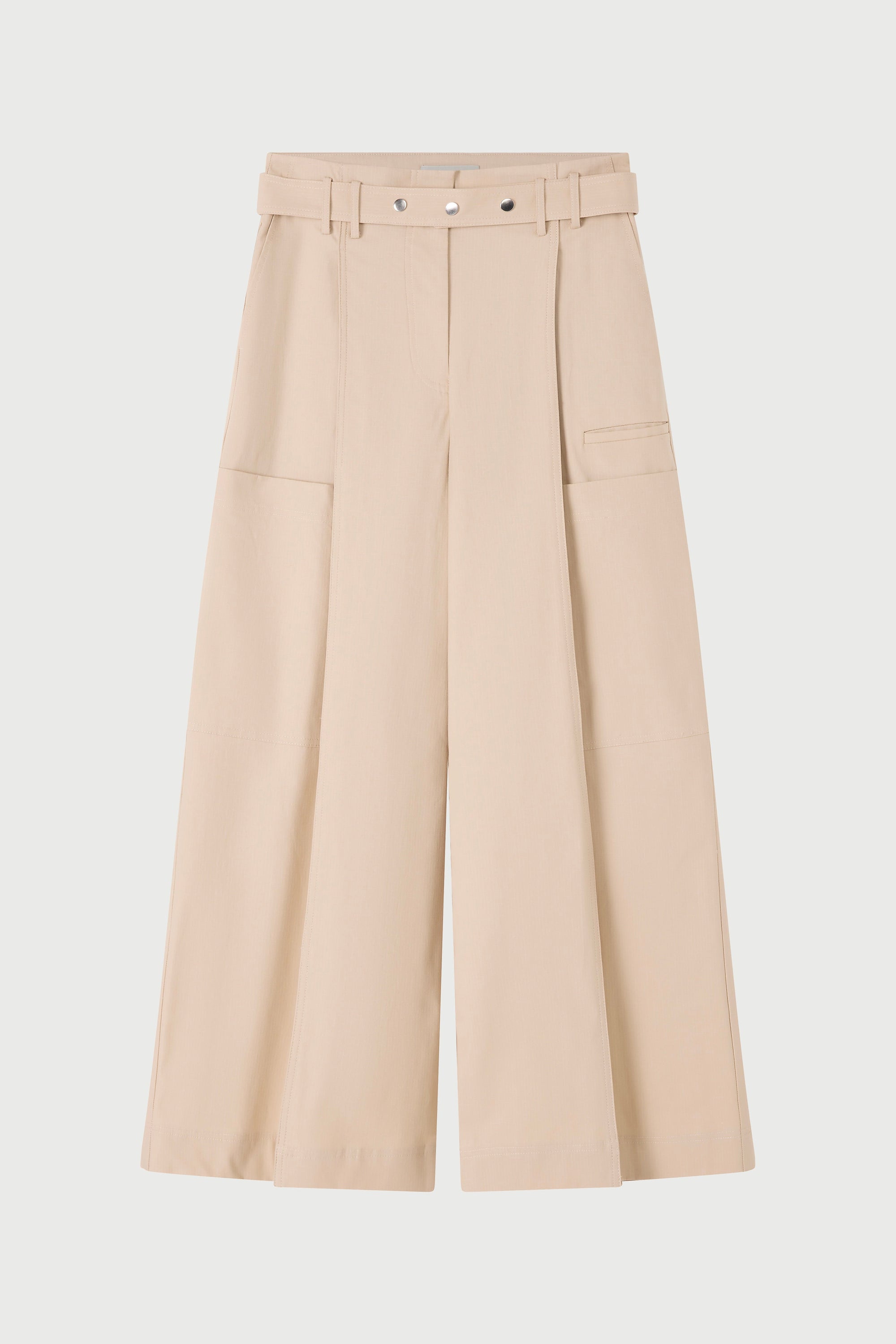 Beige wide-leg pants with a belt on a white background