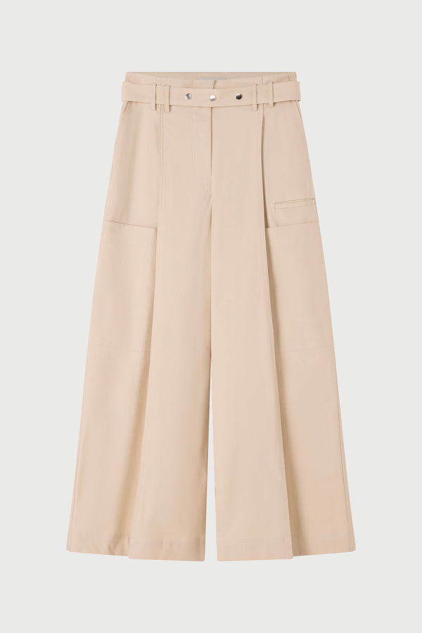 Beige wide-leg pants with a belt on a white background