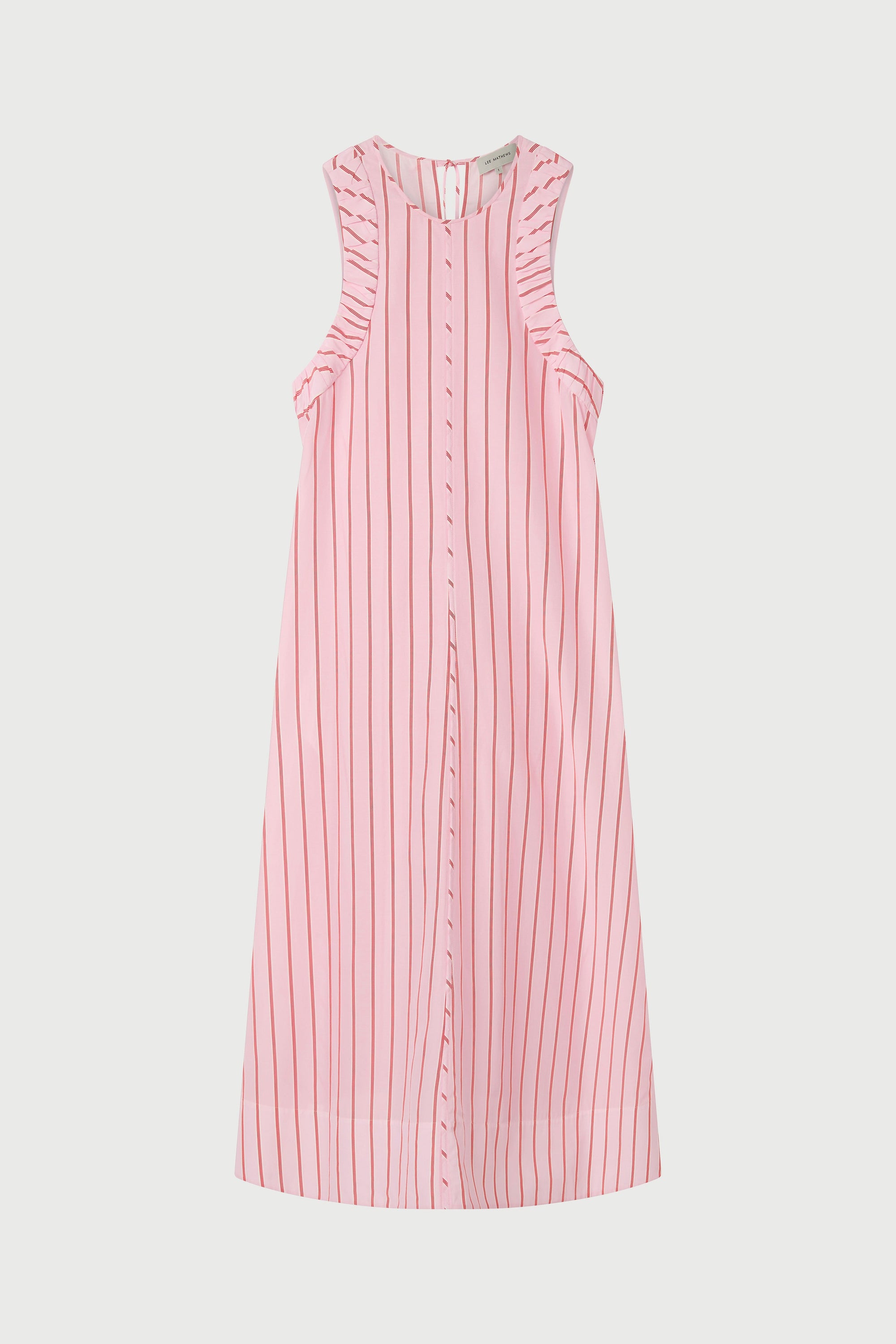 Pink and white striped dress on a light gray background