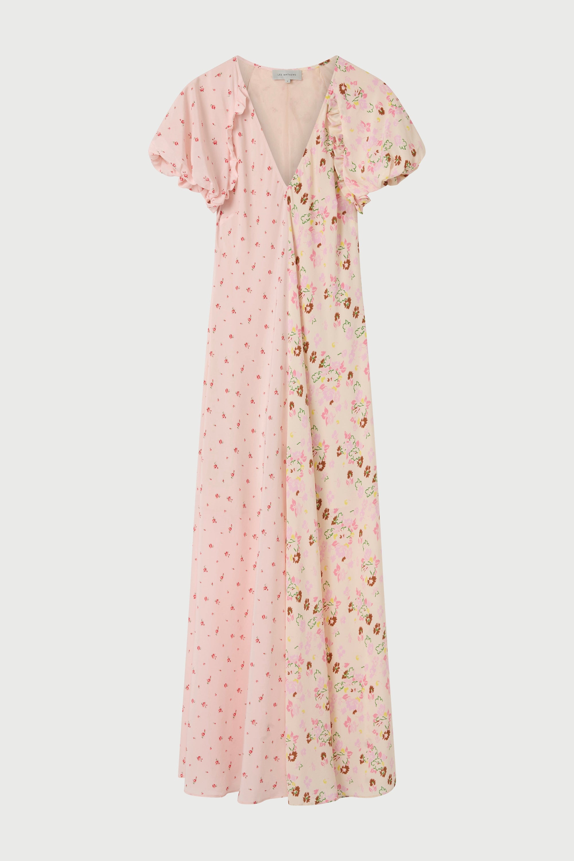 Floral dress with ruffled sleeves on a white background