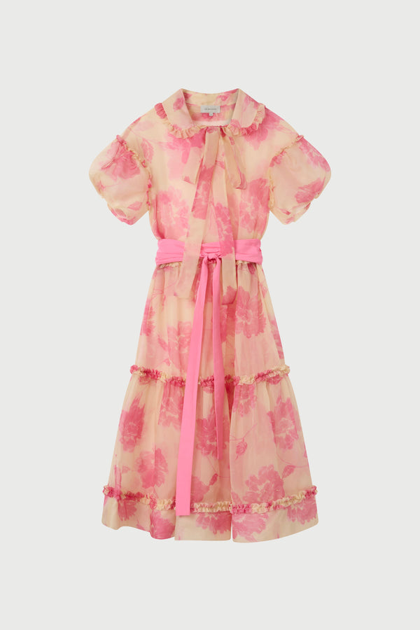Pink floral dress with a belt on a white background